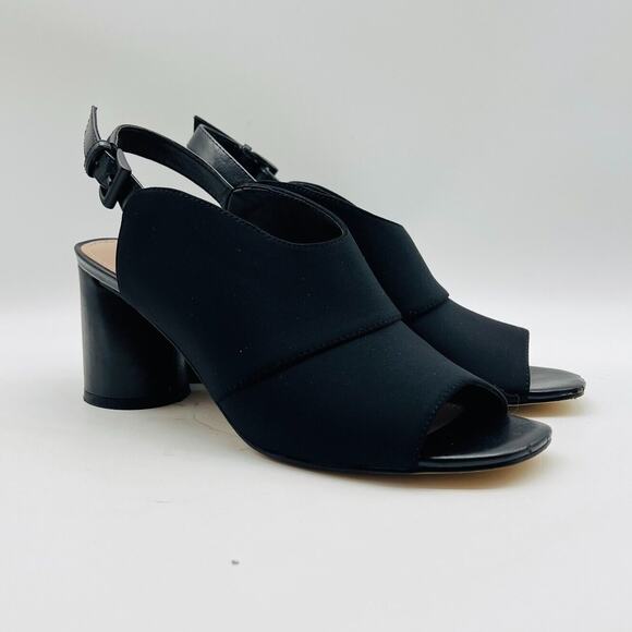 Donald Pliner Womens 7 Black Microfiber Heels Stacked Sandals Slingback Shoes - Picture 3 of 13